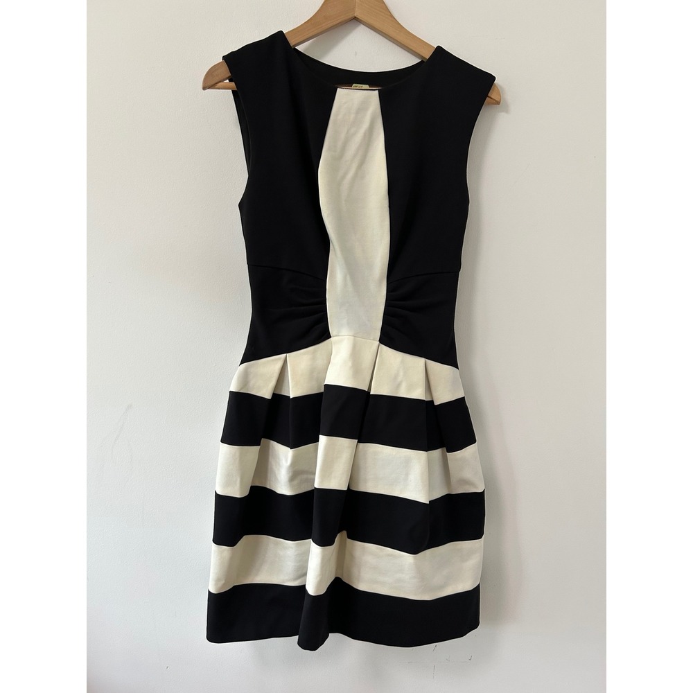 Eva Franco Womens Black White Striped Fit Flare Dress Pleated FT6386P Size 2